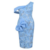 Sequined Blue Slash Shoulder Bow Trim Party Dress