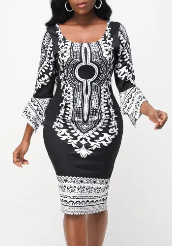 Sexy Black White Print 3/4 Sleeve Midi Bodycon Dress
