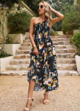 Print Floral Elegant Slash Shoulder Shirrred Casual A-Line Long Dress