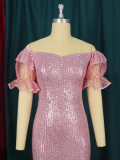 Pink Sequin Off Shoulder Slit Party Dress