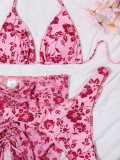 Floral Triangle Halter Bikini Set with Skirt Cover-Up Three-Piece Swimwear
