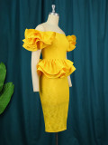 Yellow Lace Ruffles Off Shoulder Sleeveless Party Dresses