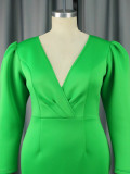 Green V-Neck Ruffle Puff Sleeve Plus Size Party Dress