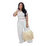 Plus Size Solid 2PCS Set Casual Short Sleeve Crop Top & Wide Leg Pants