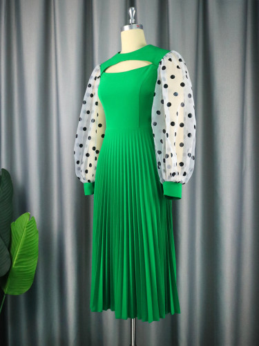 Green Patchwork Cutout Career Balloon Dot Sleeves Pleated Party Dress