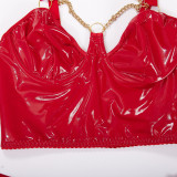 Red PU Leather Mesh Patchwork Chain Underwear Lingerie Set