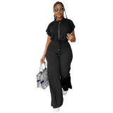 Solid Drawstring Crop Top Slit Bottom Wide Leg Pants Fashion 2PCS Set