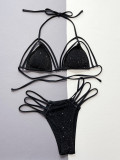 Shiny Black Triangle Strappy Bikini Set