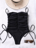 Black Strapless Ruched Drawstring One Piece Swimsuit