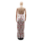 Floral Cross Back V-neck Cami Long Pleated Dress