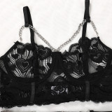 Black Chain Lingerie Set Sexy Lace See-Through Thin Bra Set