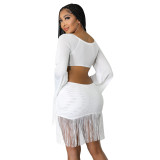 Solid V-Bar Tassel Crop Top Mesh Two Piece Skirt Set