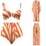 Fashion Swimwear Striped High Waisted Swimsuit with Cover Up Sun Protection Robe +Pants Set