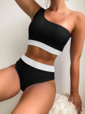Color Block One Shoulder High Waisted Two Piece Swimwear