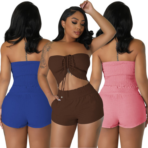 Sexy Off Shoulder Drawstring Crop Top and Shorts Two-Piece Set