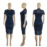 See-Through Mesh Print Short Sleeve Two Piece Midi Dress