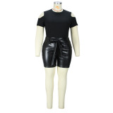 Plus Size Solid Cold Shoulder Short Sleeve Top PU Leather Shorts 2PCS Set