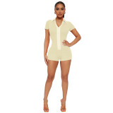 Sexy Solid Turndown Collar Short Sleeve Zipper Ribbed Rompers