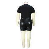 Plus Size Solid Cold Shoulder Short Sleeve Top PU Leather Shorts 2PCS Set