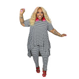Plus Size Sexy Houndstooth Print Irregular Casual Top and Pants 2-Piece Set