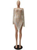 Summer Crochet Long Sleeve Off Shoulder Tassel Hollow Out Beach Dress Cover-Up