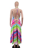 Print Sexy V-neck Halter Backless Sexy Plunge Maxi Dress