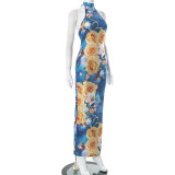 Floral Print Sleeveless Halter Backless Mesh Maxi Dress