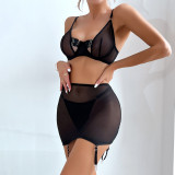 Black Mesh See-Through Sexy Lace Up 3PCS Lingerie Set