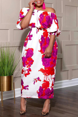 Sexy Floral Print White Elastic Waist Plus Size Maxi Dress