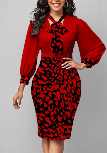 Sexy Contrast Leopard Printed Long Sleeve Tie Neck Midi Dress