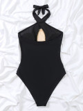 Black Halter Mesh Patchwork One Piece Swimsuit