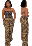 Shirred Leopard Print Backless Strapless Wide Leg Jumpsuit