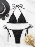 Black Lace-Up Metal Chain Thong Bikini Set