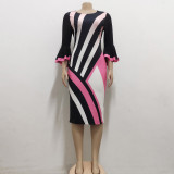 Fashion Digital Print Bell Bottom 3/4 Sleeve Office Dress