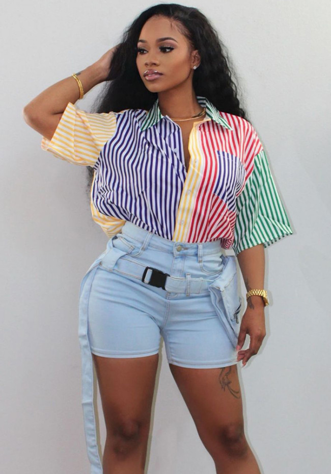 Fashion Multicolor Striped Print Short Sleeve Blouse Top