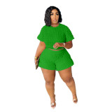 Plus Size Solid Casual Short Sleeve Crop Top and Shorts Set