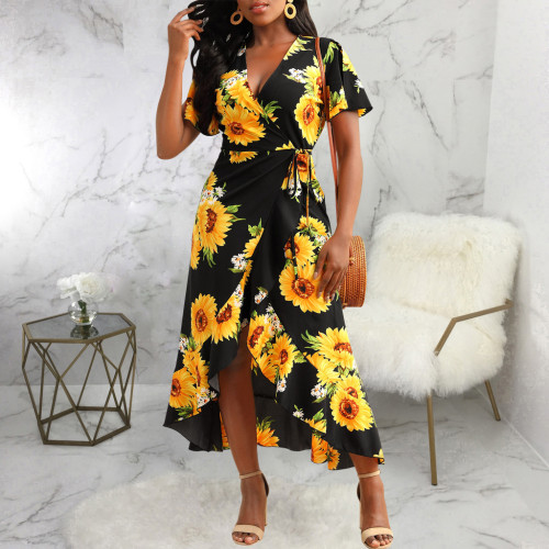 Sexy Sunflower Print Short Sleeve V-Neck Ruffle Long Dress