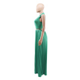 Solid Sleeveless V-Neck Pleated Wide Leg Jumpsuit with Belt