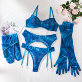 Sexy 5PCS Lingerie See-Through Printed Gloves Garter Bra Set with Gloves Stocking