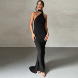 Pure Color Sexy Backless Ruched One Shoulder Chic Maxi Dress
