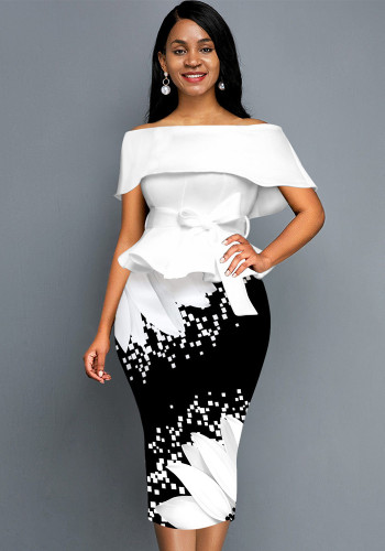 Sexy Off Shoulder White and Black Print Office Dress