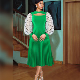 Green Patchwork Cutout Career Balloon Dot Sleeves Pleated Party Dress