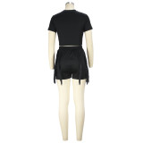 Casual Cropped Tee Top Tassel Shorts Set Solid 2PCS Set Women