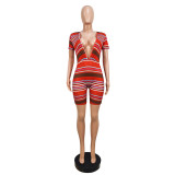 Multi-Color Striped Fashion Sexy Deep-V Short Sleeve Rompers