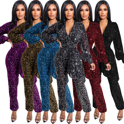 Sexy Shiny Long Sleeve V-Neck Jumpsuit