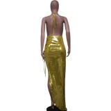 Shiny Halter Neck Backless Slit Ruched Maxi Dress