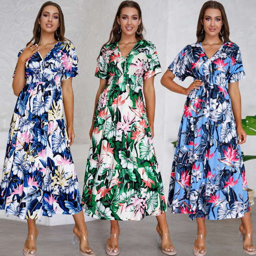 Floral Print V-neck Short-sleeve Holiday Dress