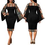 Fashion Digital Print Wide Sleeve Midi Dress