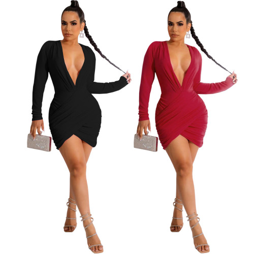 Sexy Solid Plunge Neck Ruched Bodycon Dress