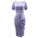 Solid Puff Sleeve Chic V-Back Office Dress